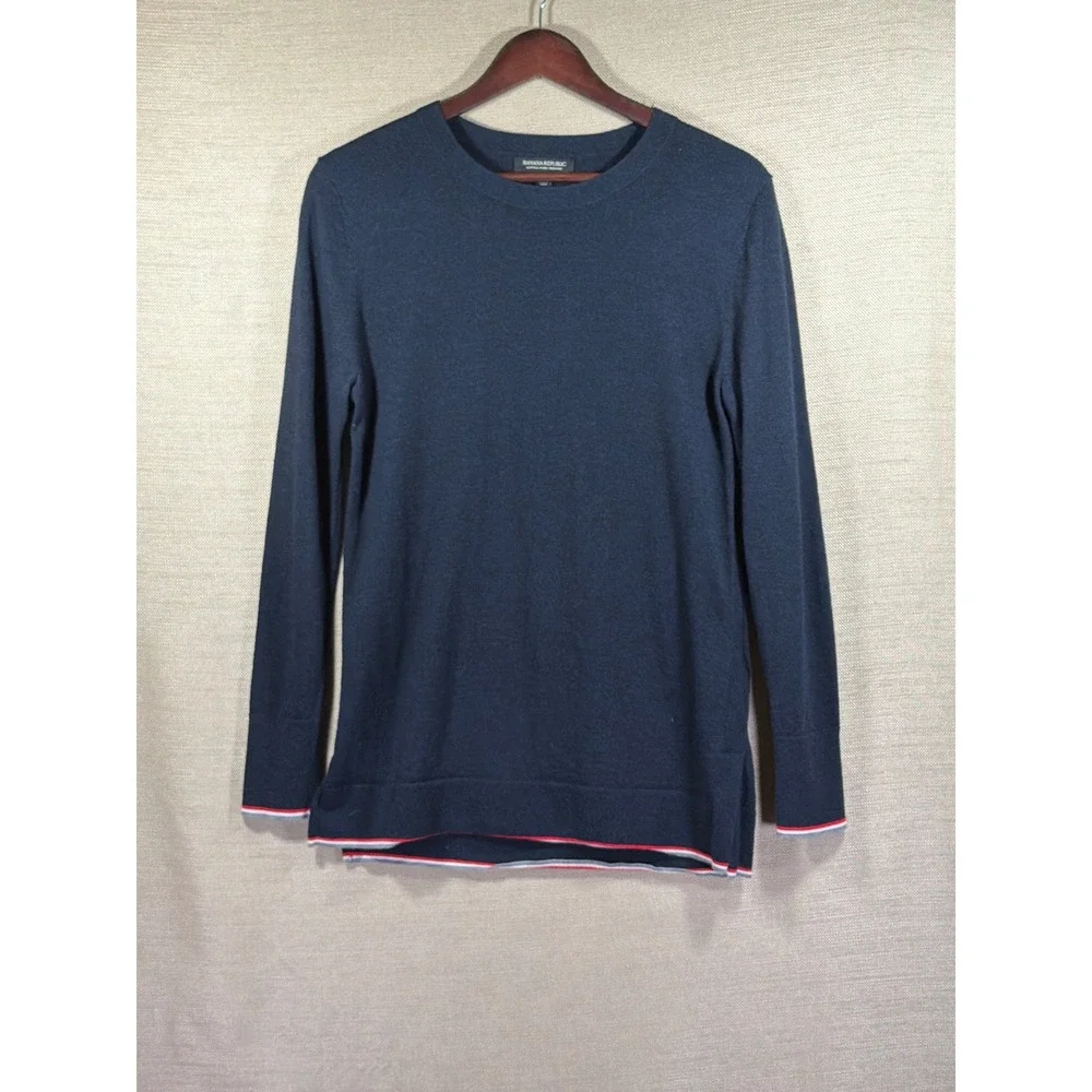Banana Republic‎ Sweater Men's M Navy Merino Wool Tipped Crew Neck Pullover